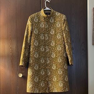 Armin’s men’s green and gold brocade Sherwani long jacket. Size Medium